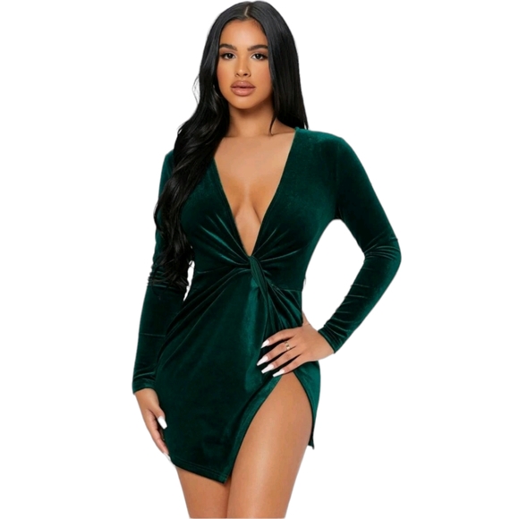 Petite Dark GreenTwist Front Wrap Velvet Dress - Picture 3 of 5